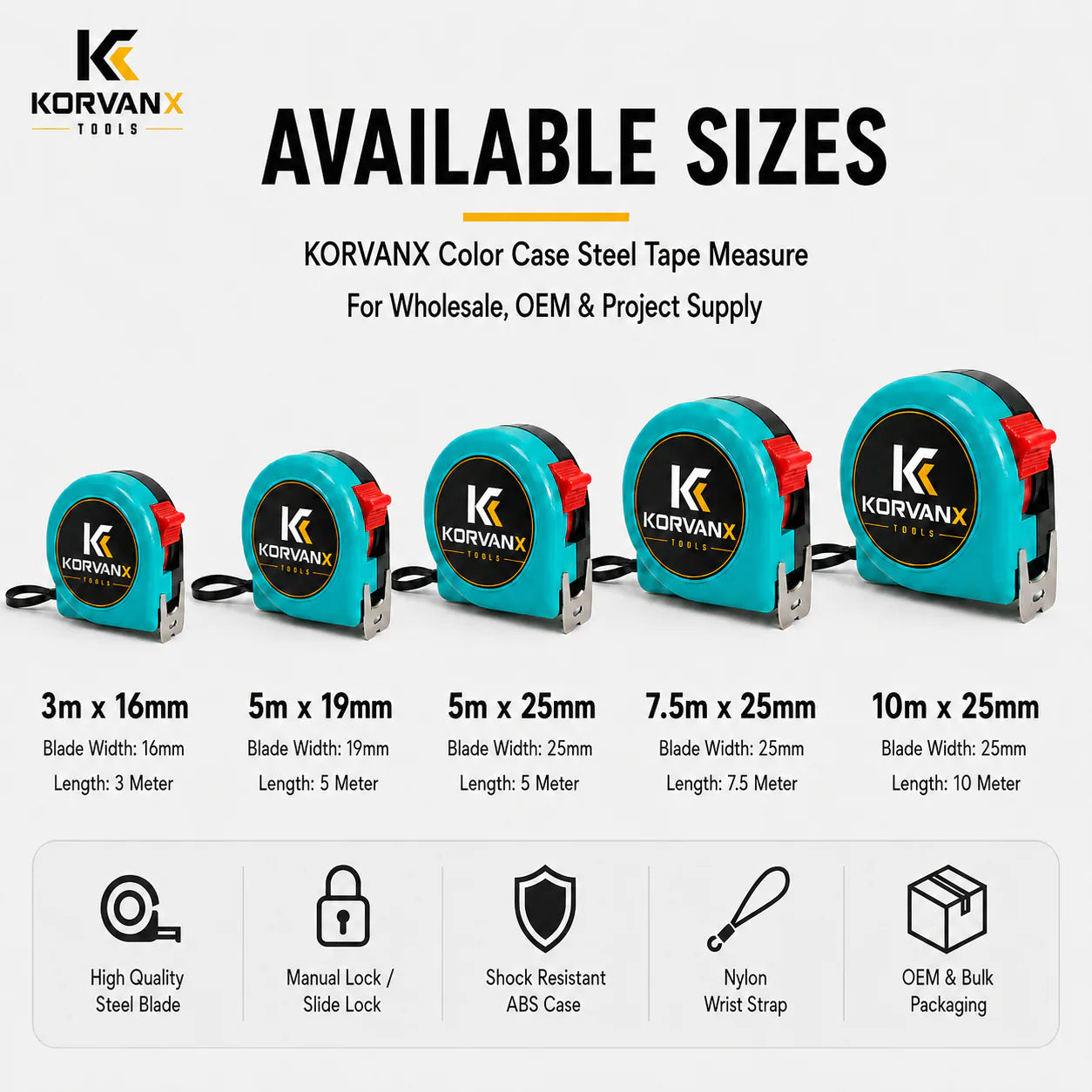 KORVANX Color Case Steel Tape Measure available sizes