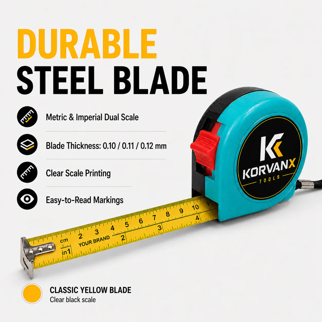KORVANX steel tape measure blade with clear scale printing and easy-to-read markings