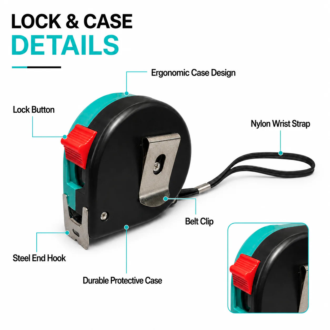 KORVANX Color Case Steel Tape Measure manual lock and case detail
