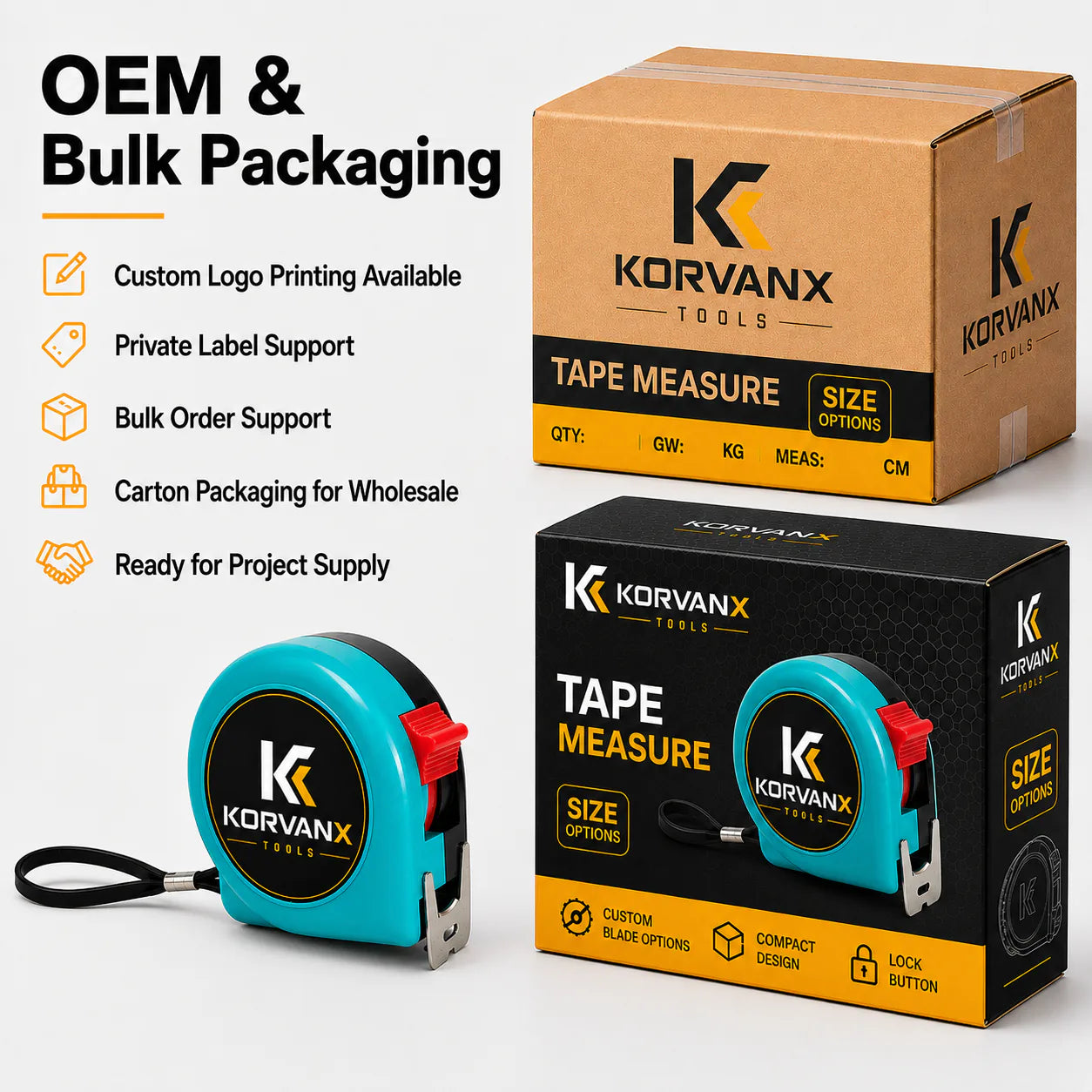 KORVANX Color Case Steel Tape Measure OEM and bulk packaging