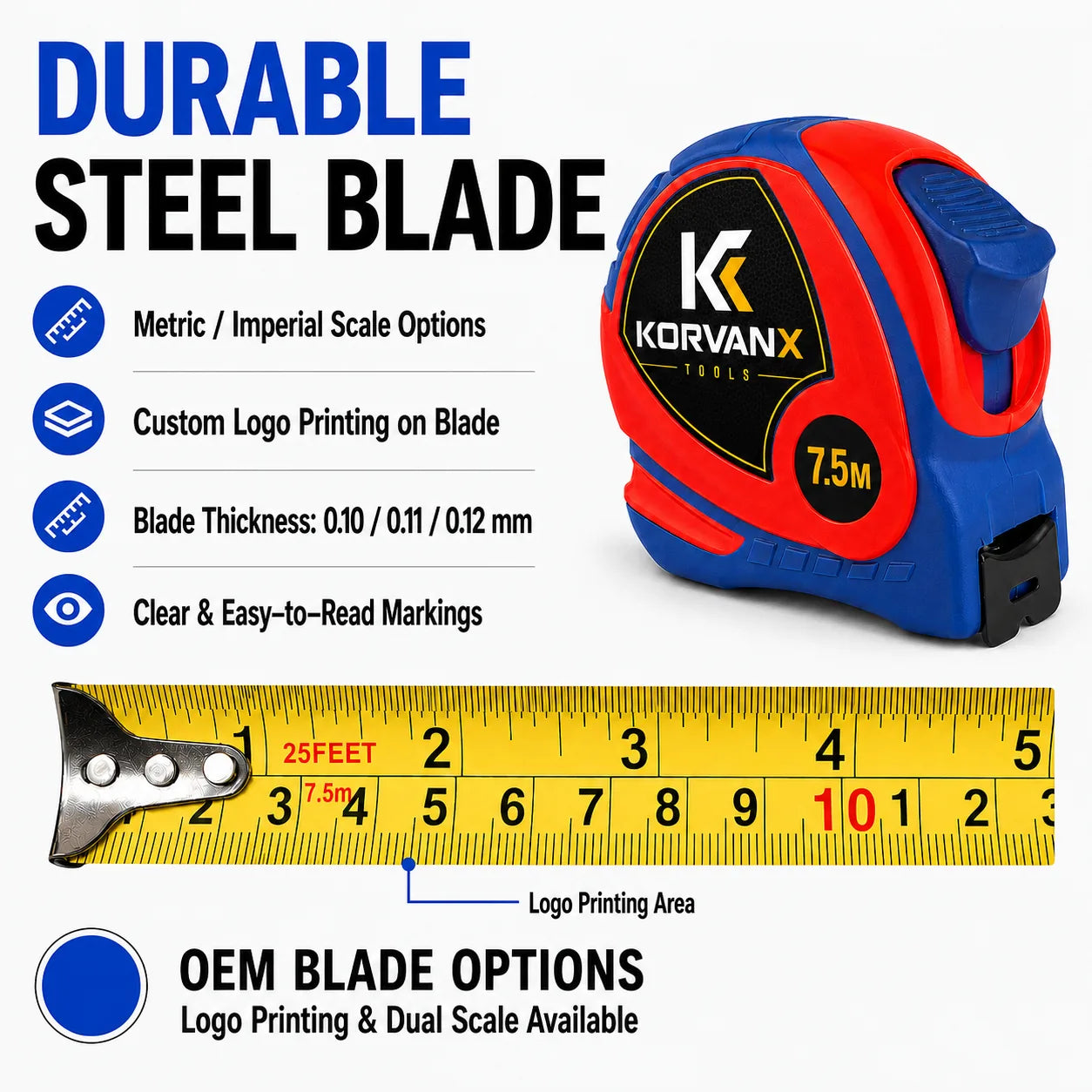 KORVANX ARCGUARD steel tape measure blade with metric imperial scale and logo printing area