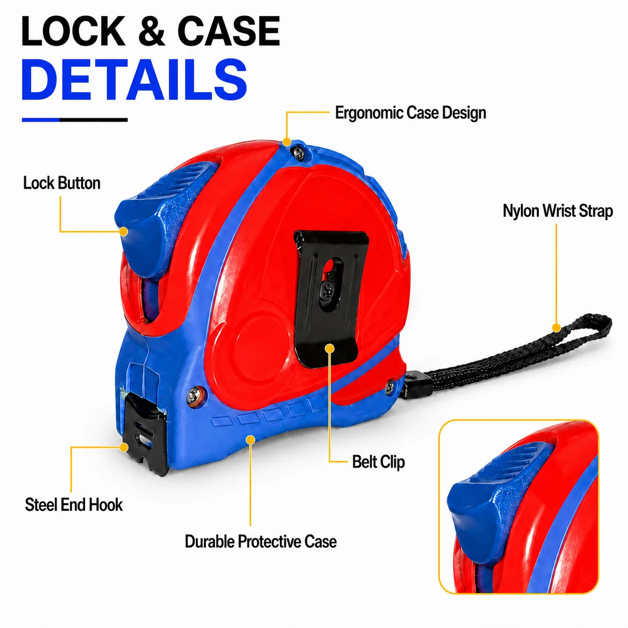 KORVANX ARCGUARD tape measure lock button case belt clip steel hook and nylon wrist strap