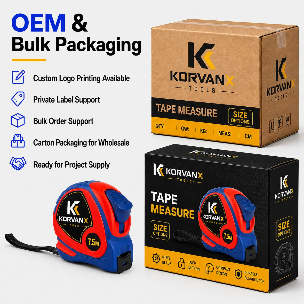 KORVANX ARCGUARD tape measure OEM bulk packaging and carton supply for wholesale buyers