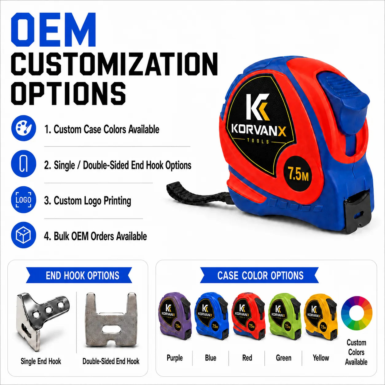 KORVANX ARCGUARD tape measure OEM options with case colors hook options and logo printing