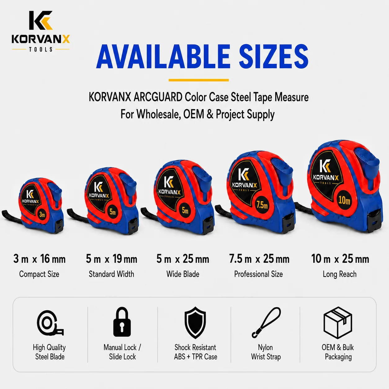 KORVANX ARCGUARD color case steel tape measure available sizes from 3 m to 10 m