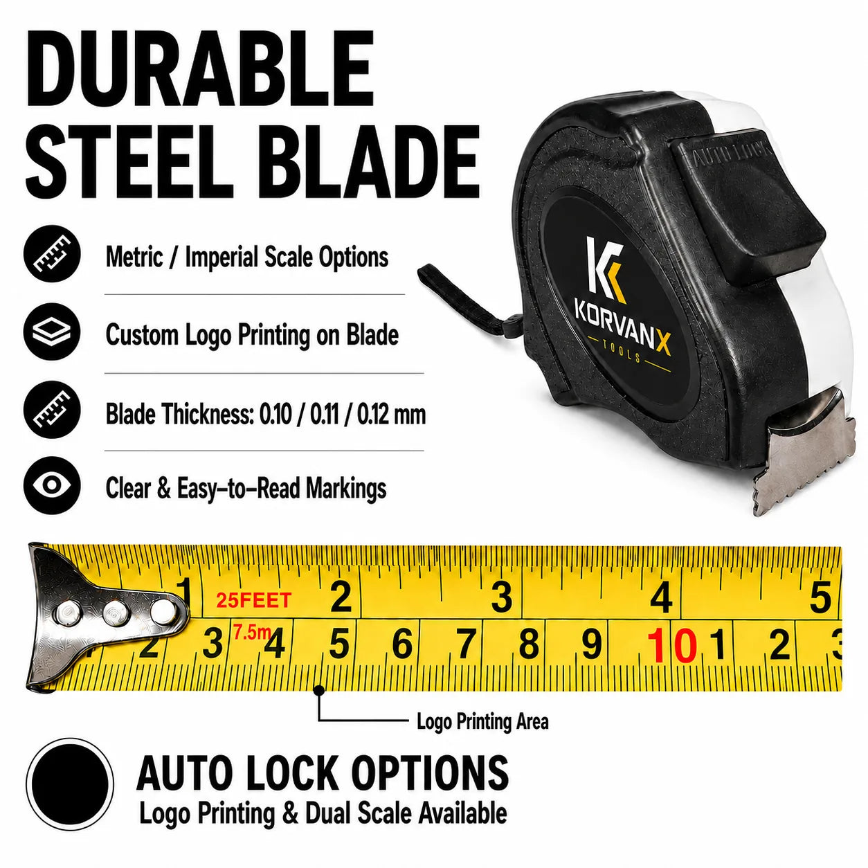 KORVANX EDGELOCK steel tape measure blade with metric imperial scale and logo printing area