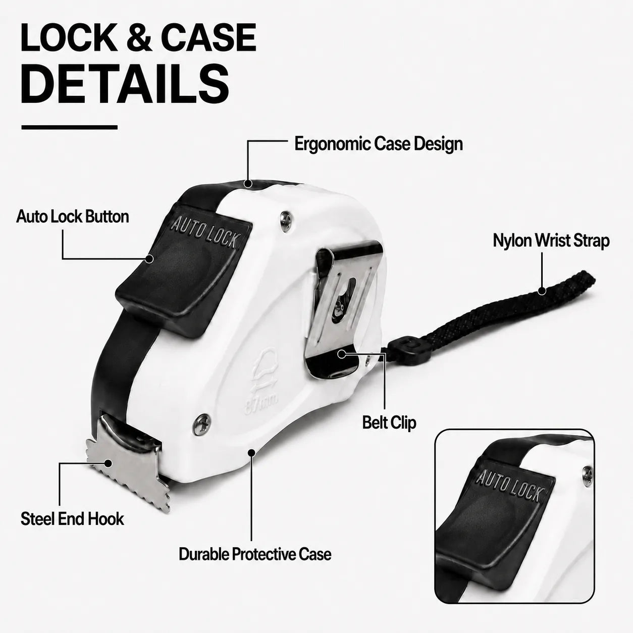 KORVANX EDGELOCK auto lock tape measure lock button belt clip hook and wrist strap details