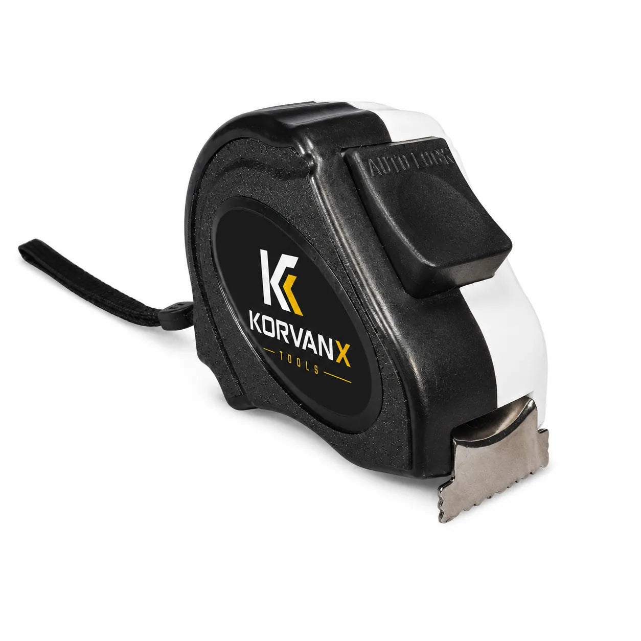 KORVANX EDGELOCK black and white auto lock tape measure with wrist strap and steel end hook