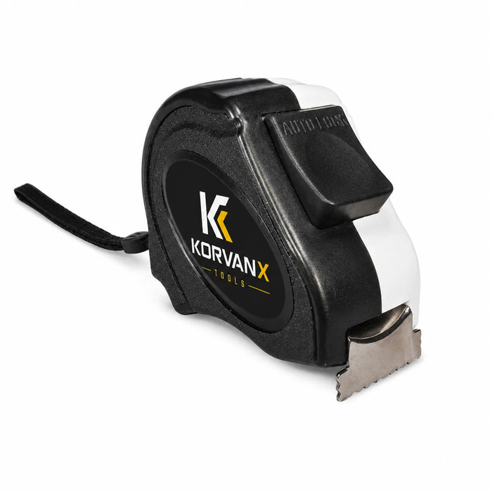 KORVANX EDGELOCK black and white auto lock tape measure with wrist strap and steel end hook