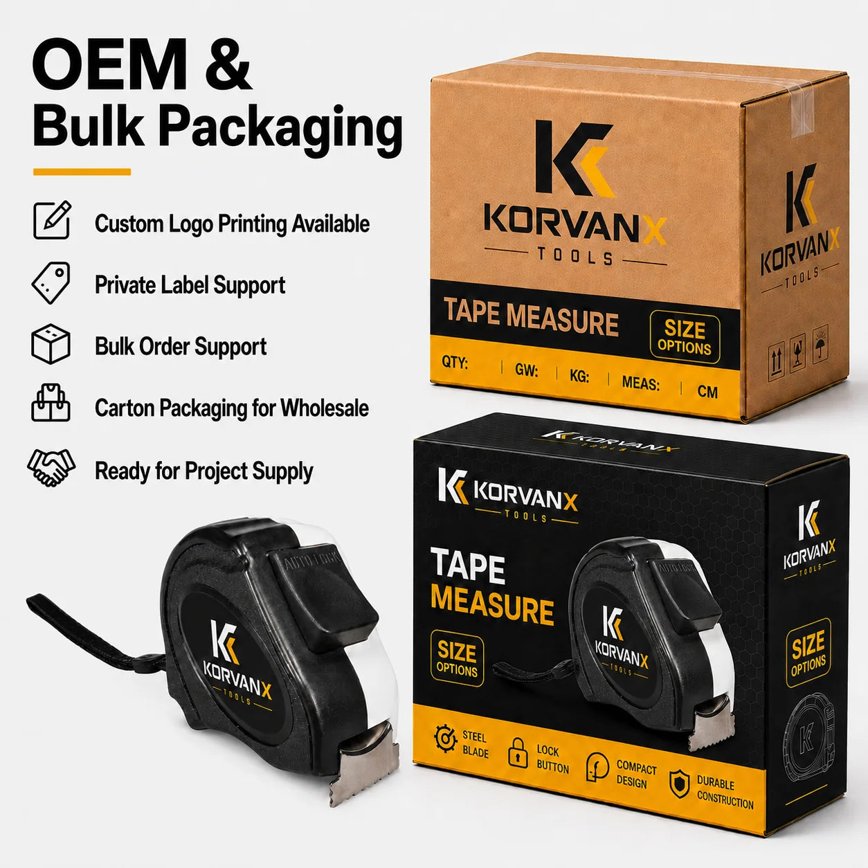 KORVANX EDGELOCK tape measure OEM bulk packaging and carton supply for wholesale buyers
