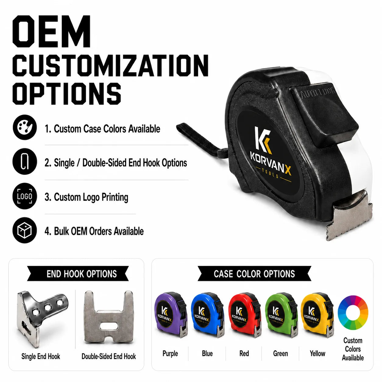 KORVANX EDGELOCK tape measure OEM options with case colors hook options and logo printing