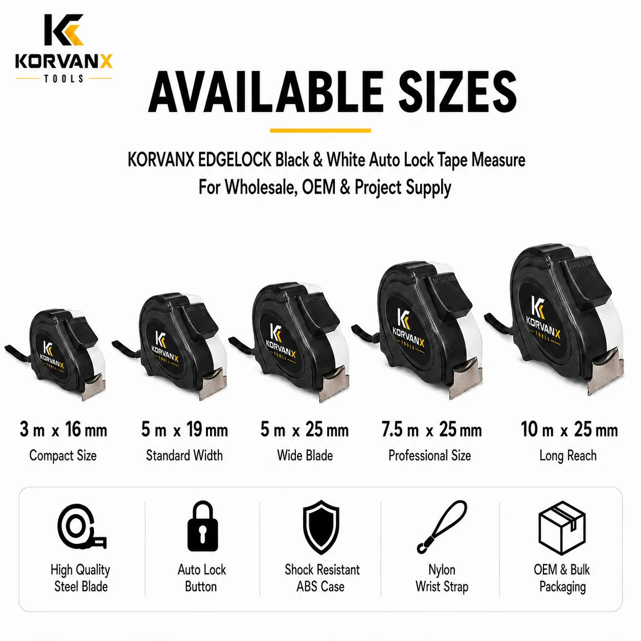 KORVANX EDGELOCK auto lock tape measure available sizes from 3 m to 10 m