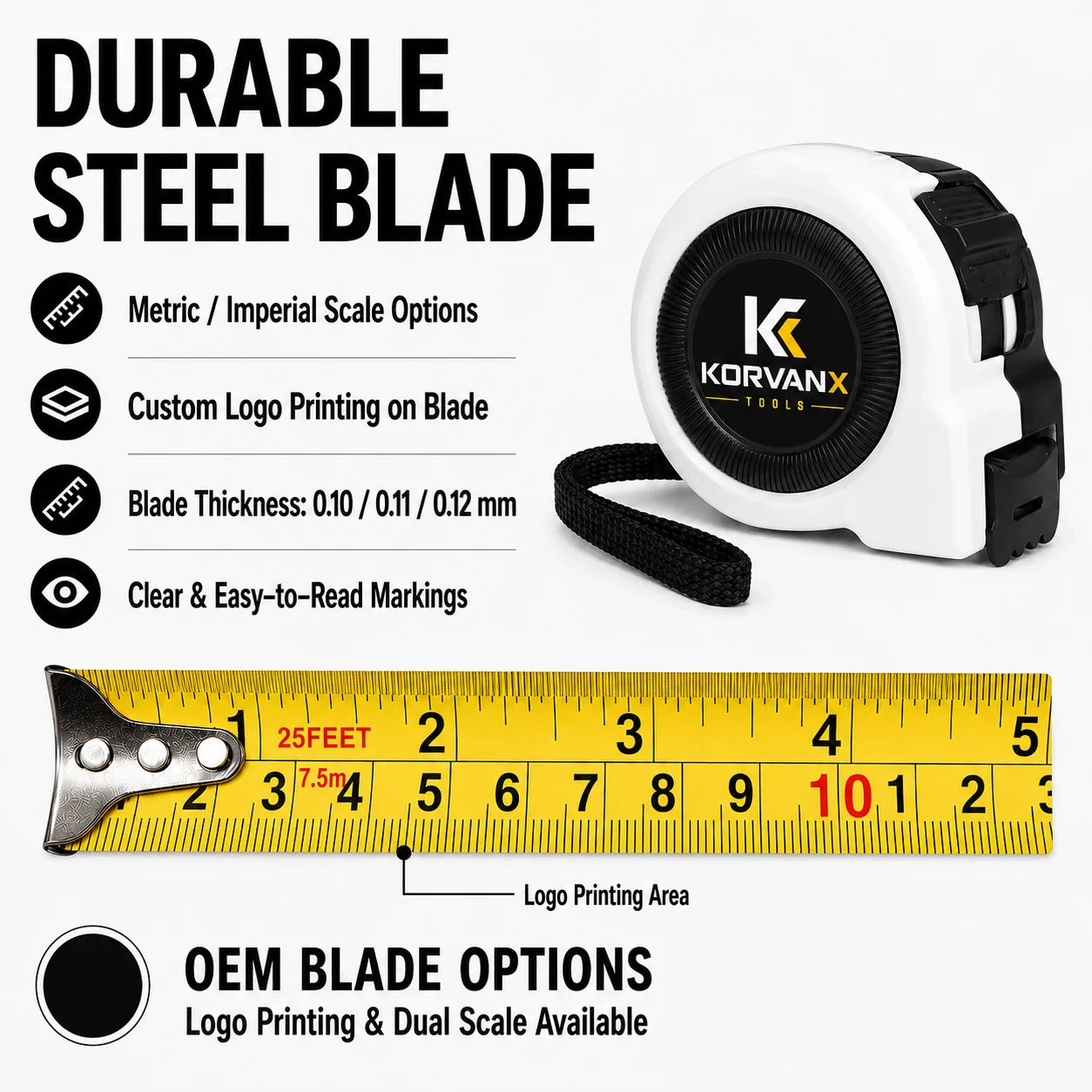 KORVANX EDGELOCK steel tape measure blade with metric imperial scale and logo printing area