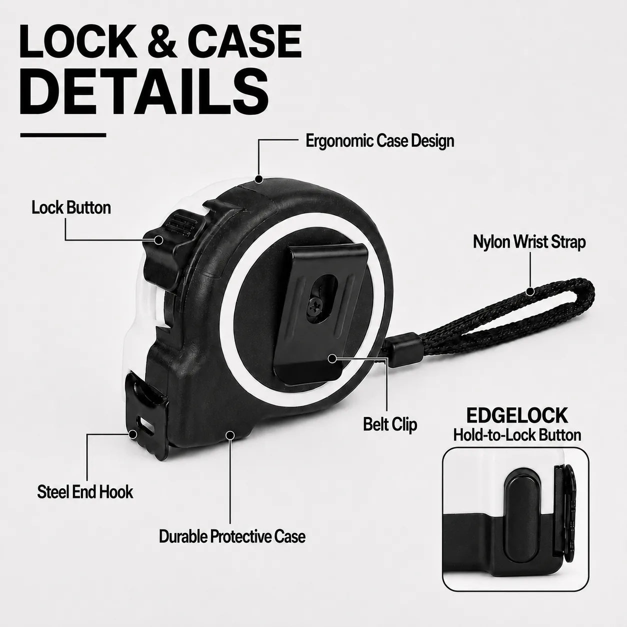 KORVANX EDGELOCK bottom press lock button belt clip hook and wrist strap details