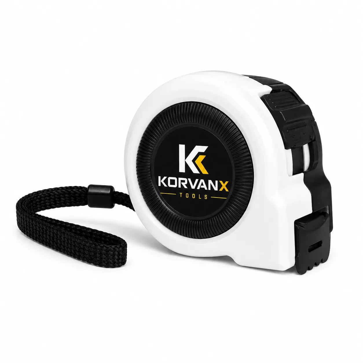 KORVANX EDGELOCK bottom press lock tape measure with white black case wrist strap and steel end hook