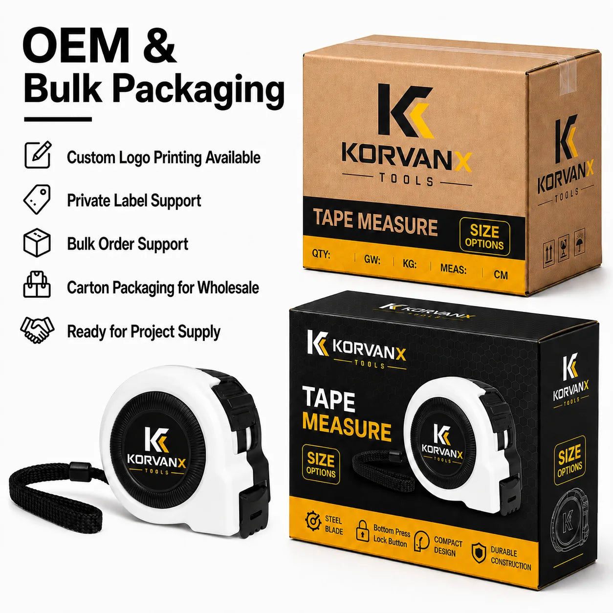 KORVANX EDGELOCK tape measure OEM bulk packaging and carton supply for wholesale buyers