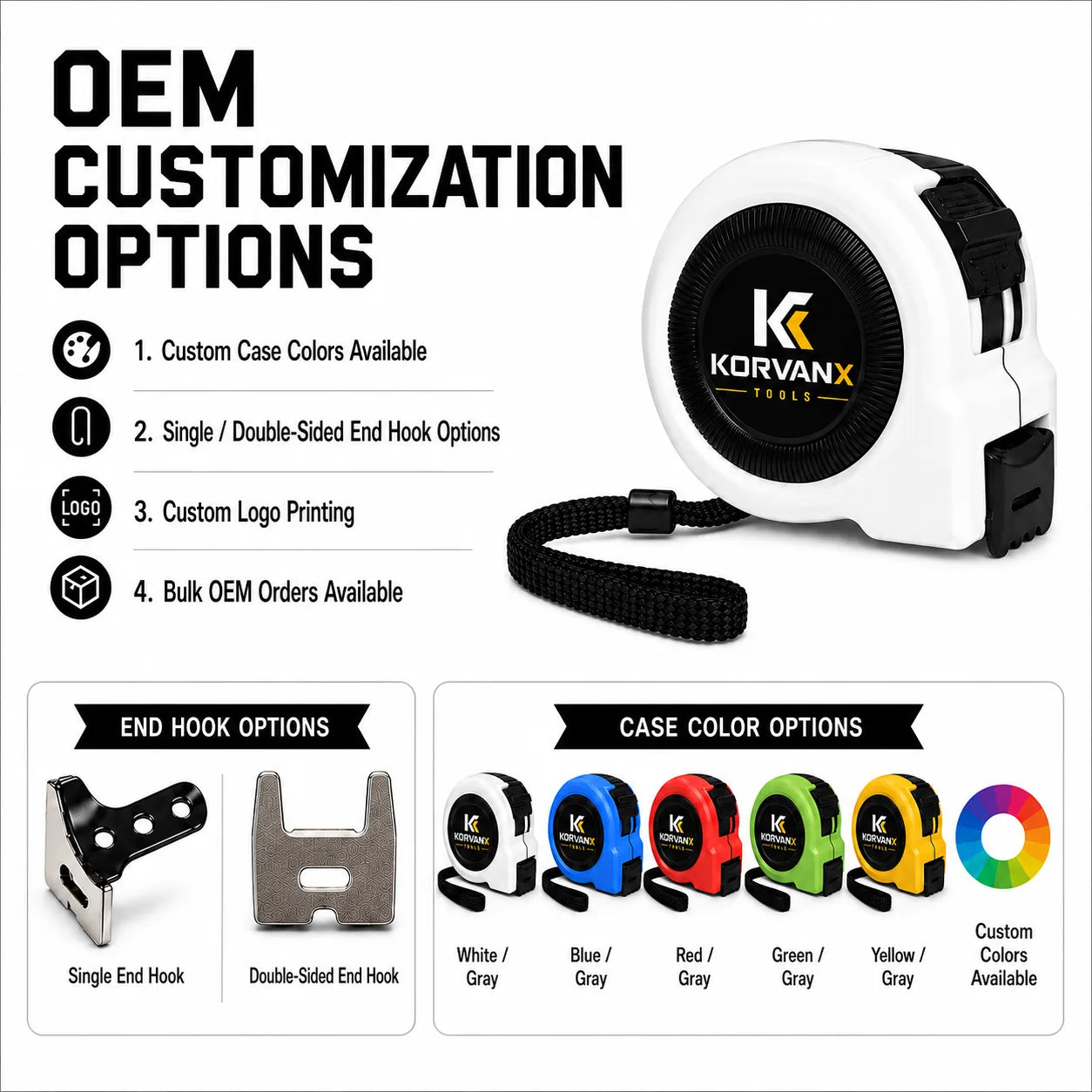 KORVANX EDGELOCK tape measure OEM options with case colors hook options and logo printing