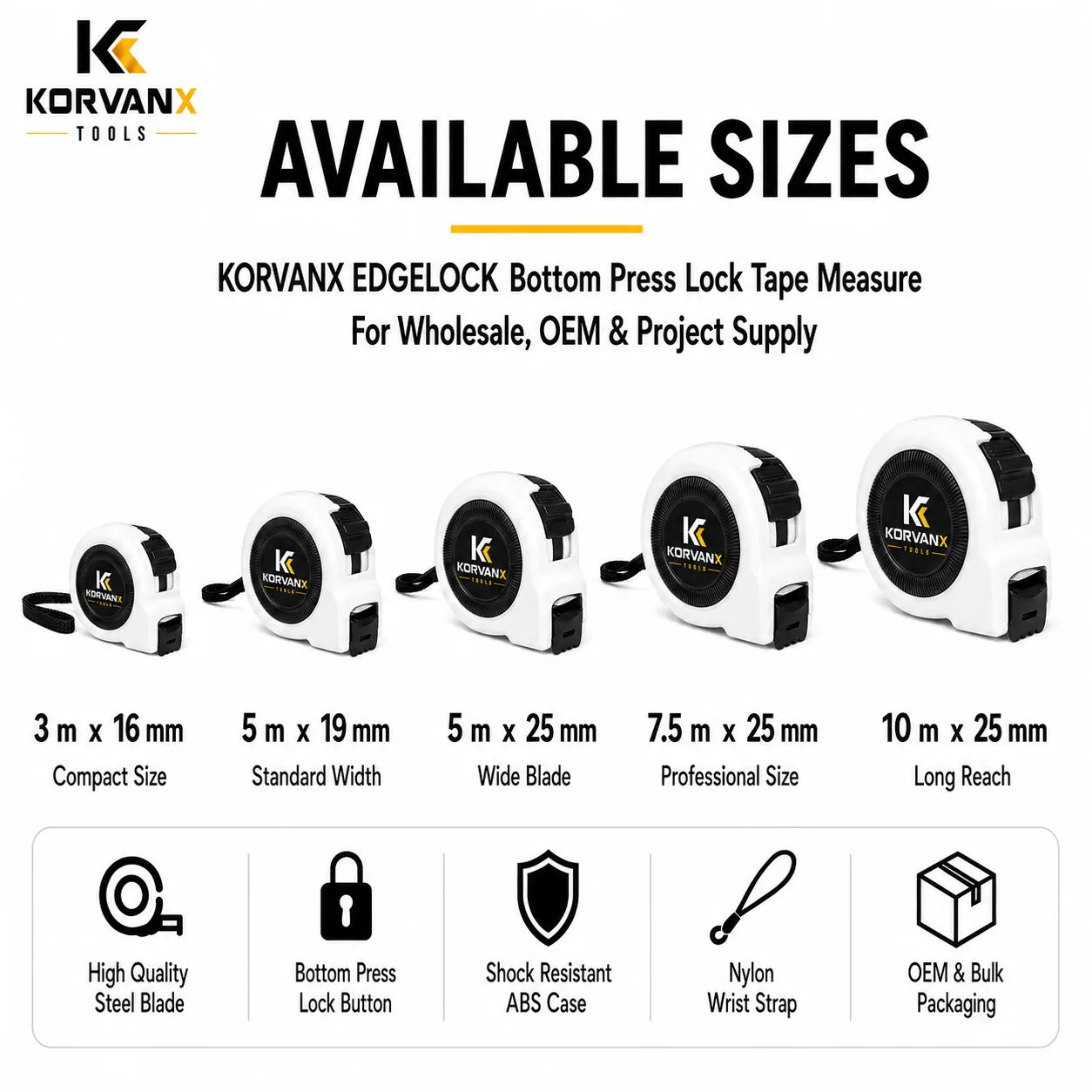 KORVANX EDGELOCK bottom press lock tape measure available sizes from 3 m to 10 m