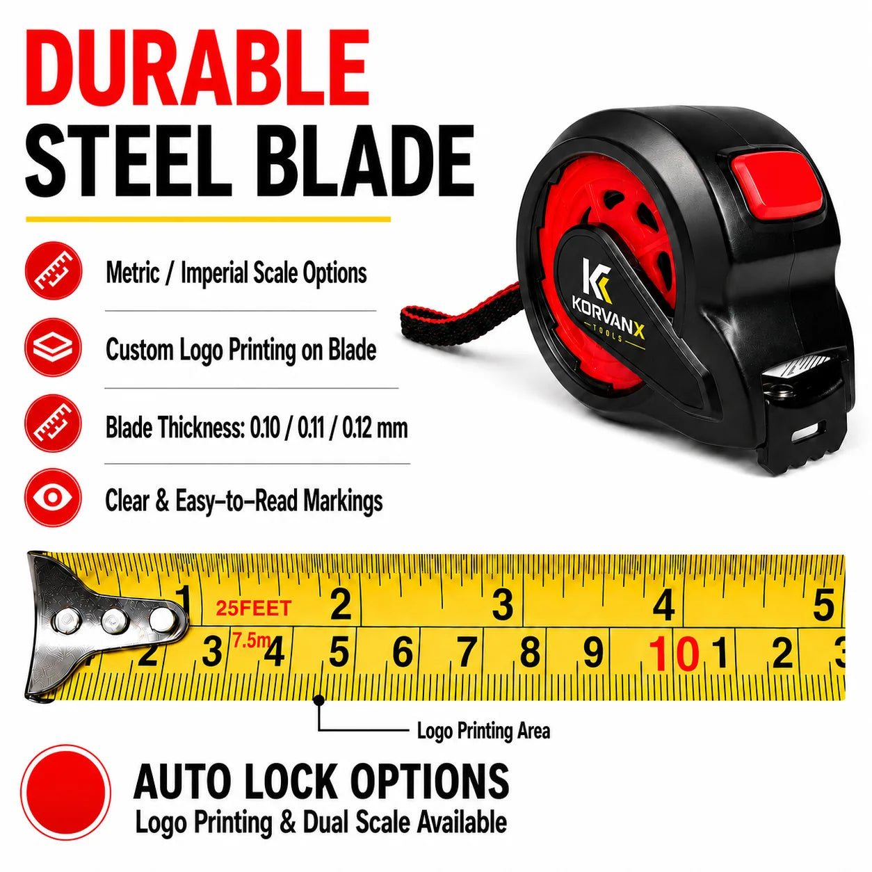 KORVANX REDCORE steel tape measure blade with metric imperial scale and logo printing area