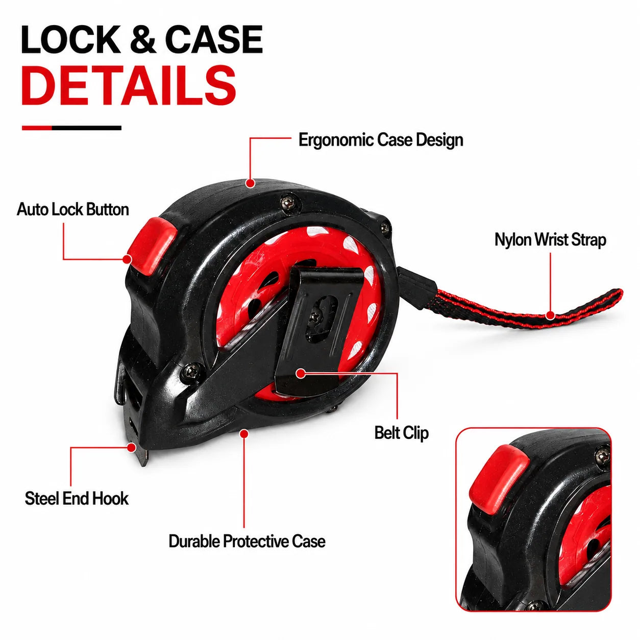 KORVANX REDCORE auto lock tape measure lock button belt clip hook and wrist strap details
