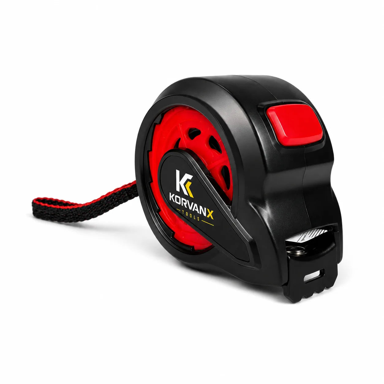 KORVANX REDCORE black and red auto lock tape measure with wrist strap and steel end hook