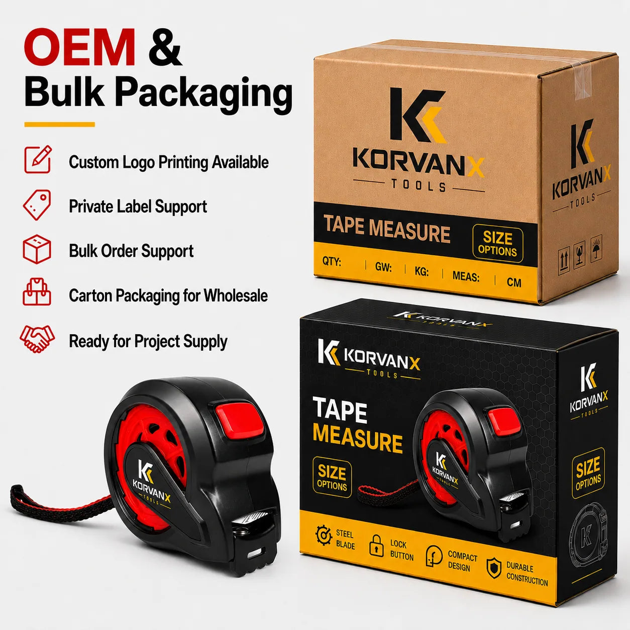 KORVANX REDCORE tape measure OEM bulk packaging and carton supply for wholesale buyers