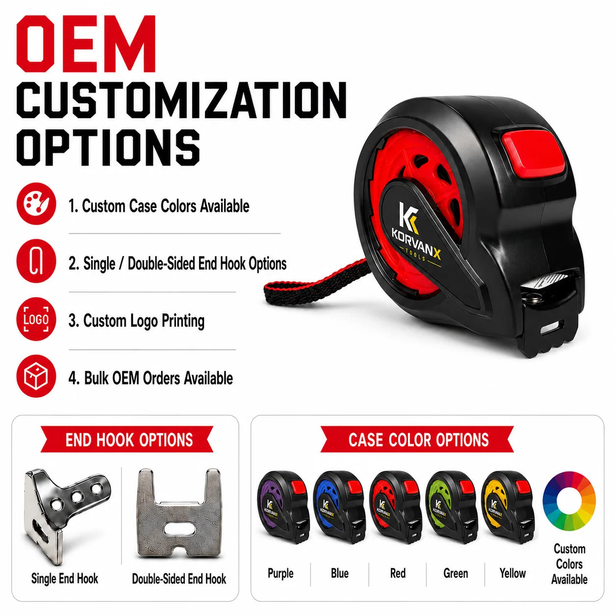 KORVANX REDCORE tape measure OEM options with case colors hook options and logo printing