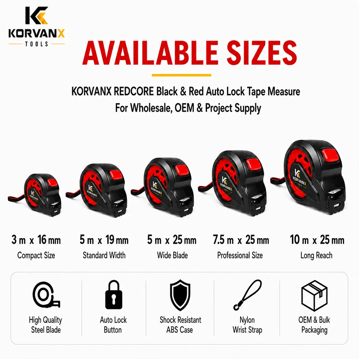 KORVANX REDCORE auto lock tape measure available sizes from 3 m to 10 m