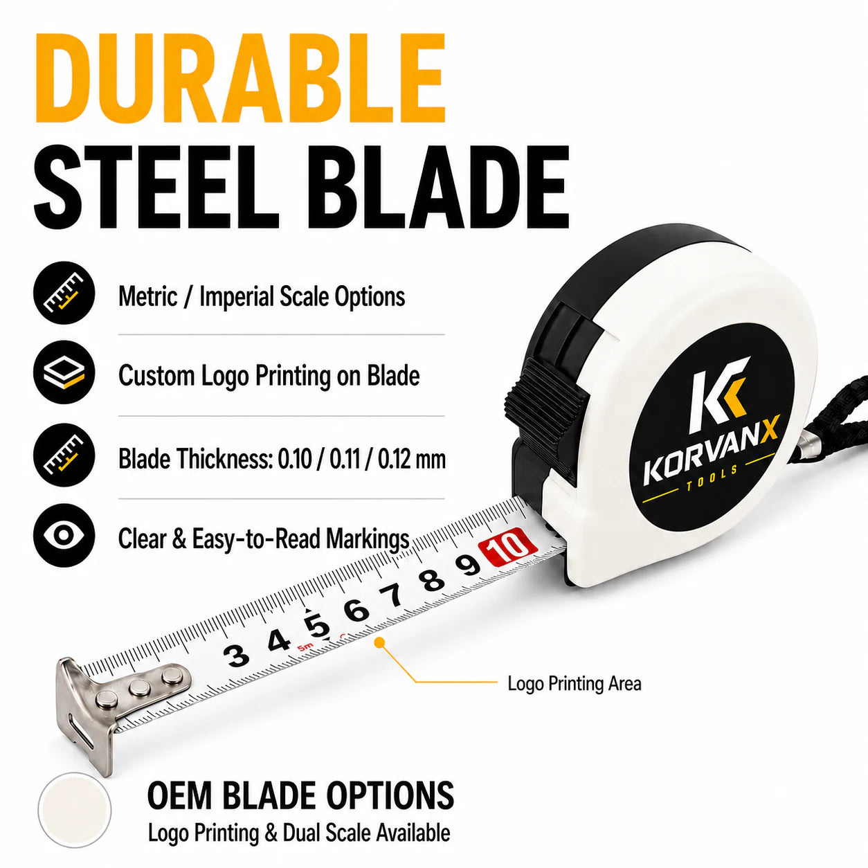 KORVANX white case manual lock tape measure durable steel blade and scale details