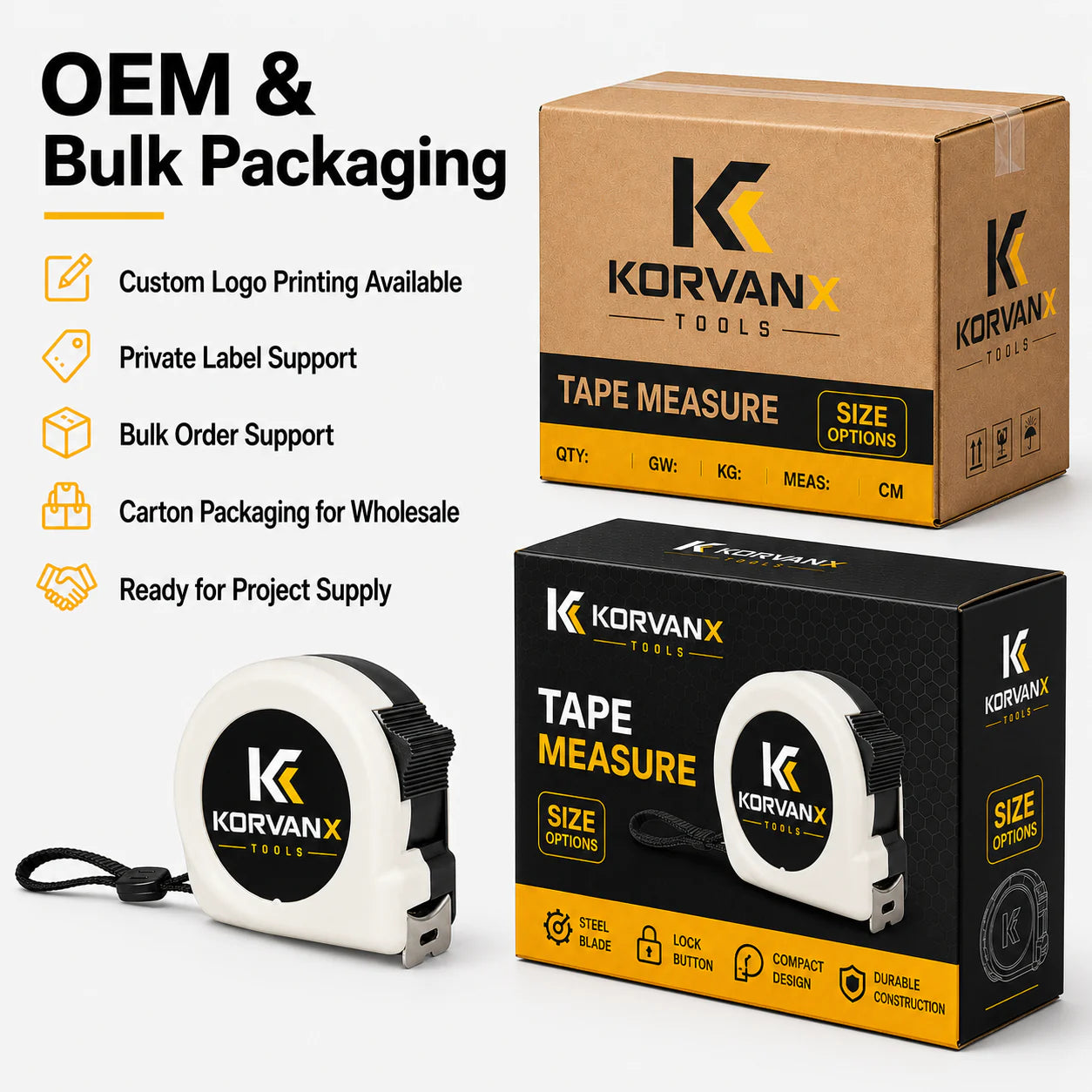 KORVANX white case tape measure OEM bulk packaging and private label support