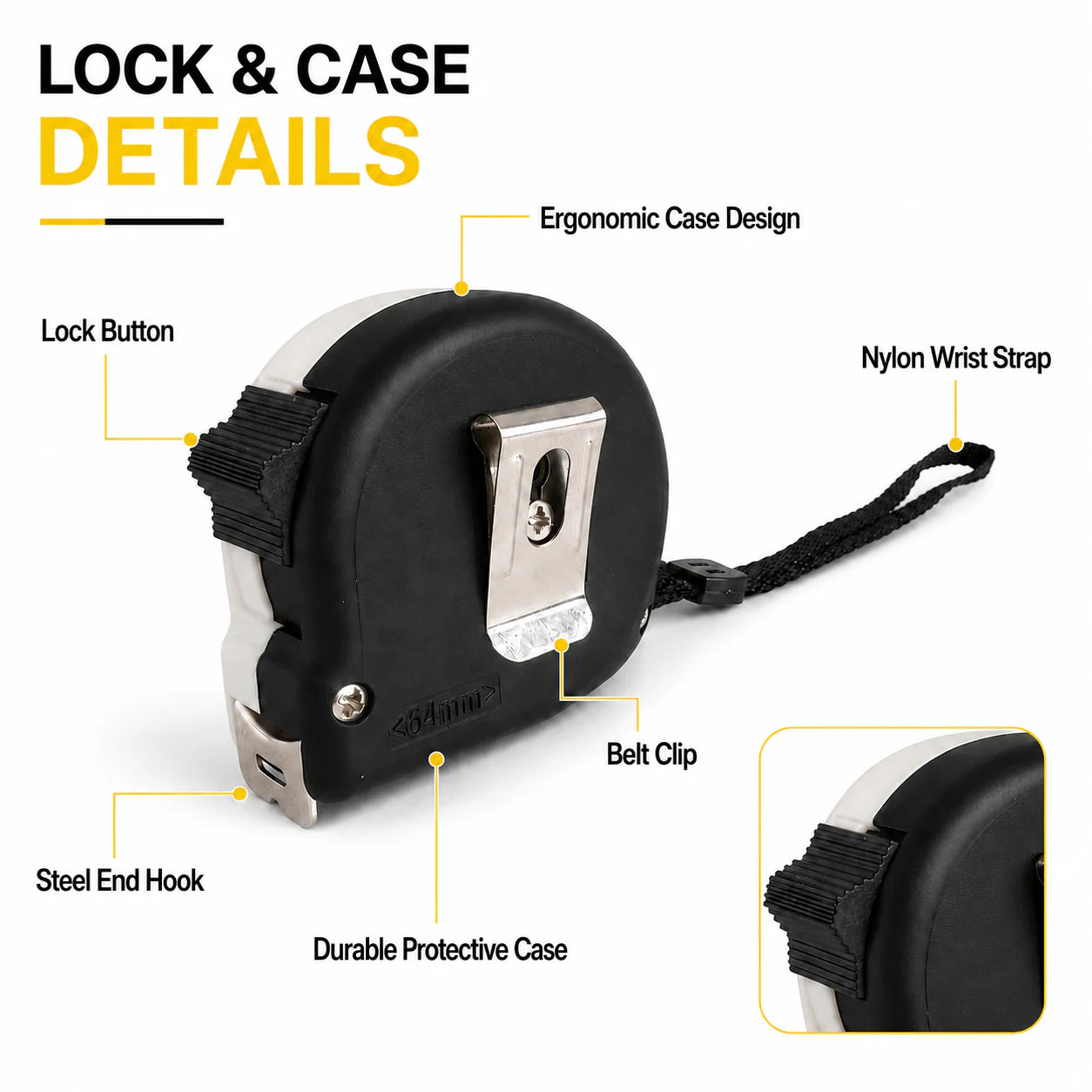 KORVANX white case manual lock tape measure lock button belt clip and wrist strap details