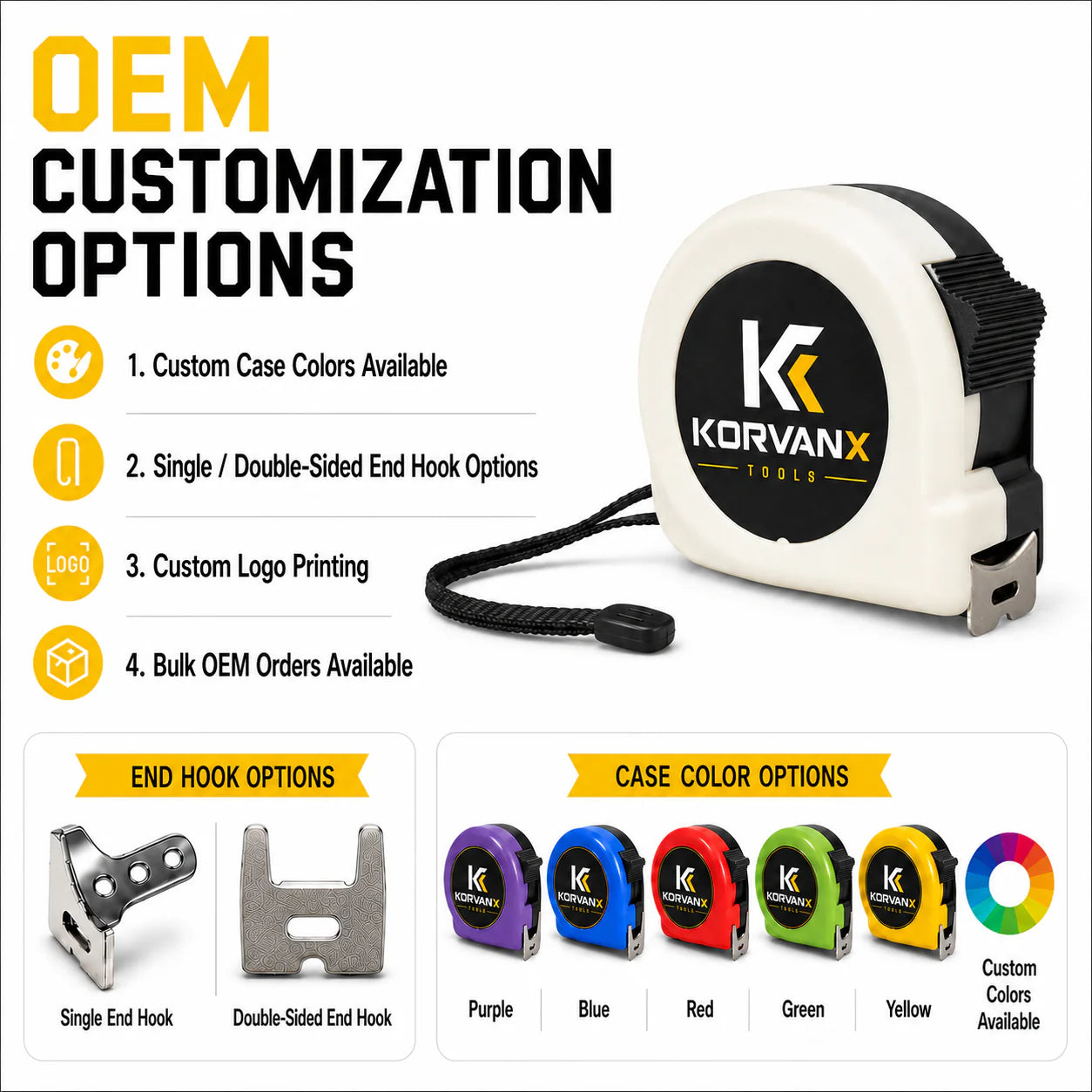 KORVANX white case tape measure OEM customization options for wholesale buyers