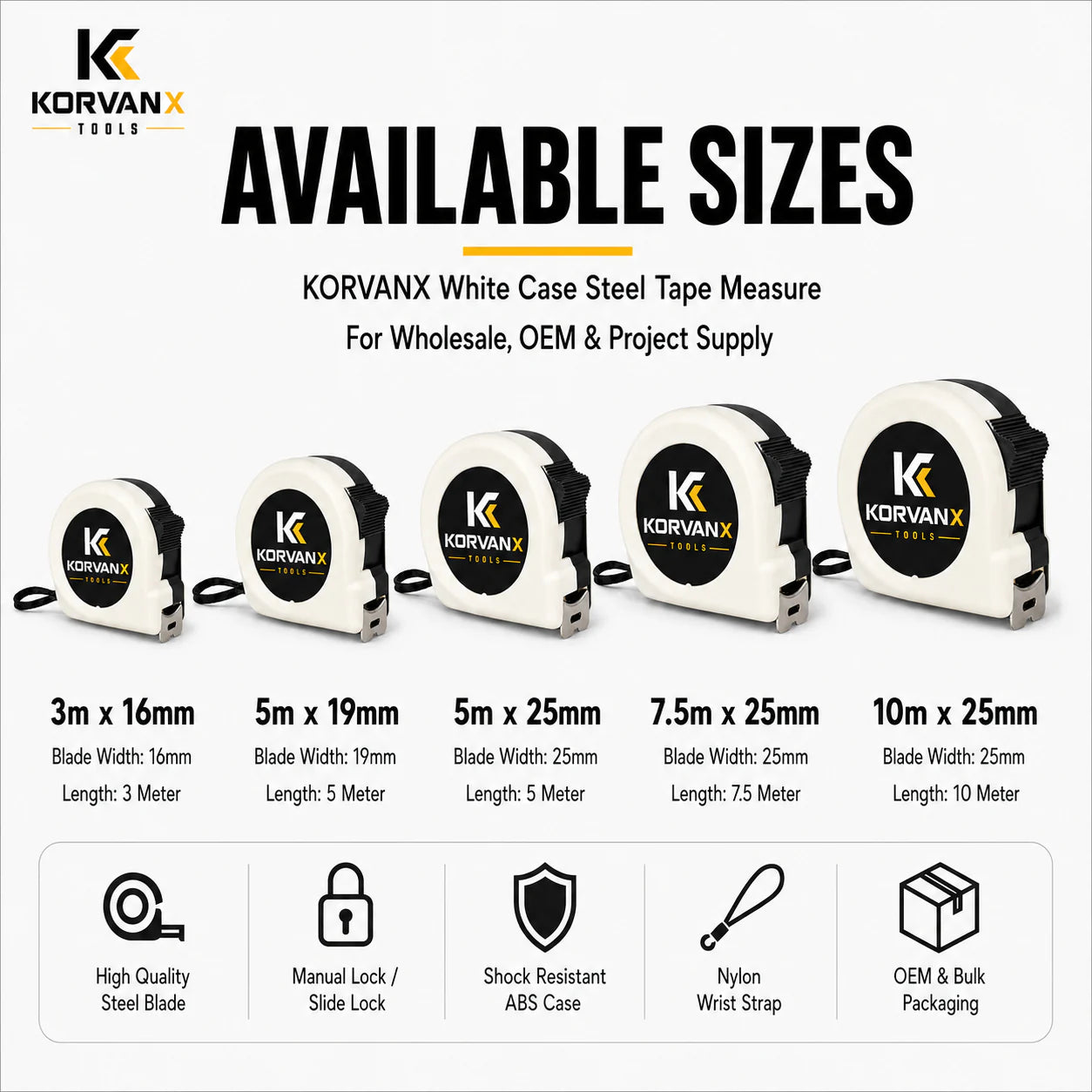 KORVANX white case steel tape measure available sizes from 3m to 10m